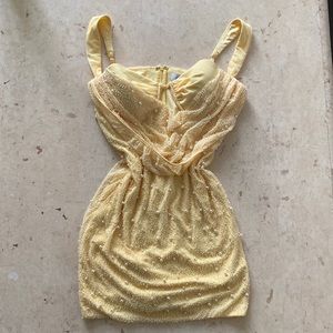 Low Cowl Neck Embellished Mini Dress in Yellow